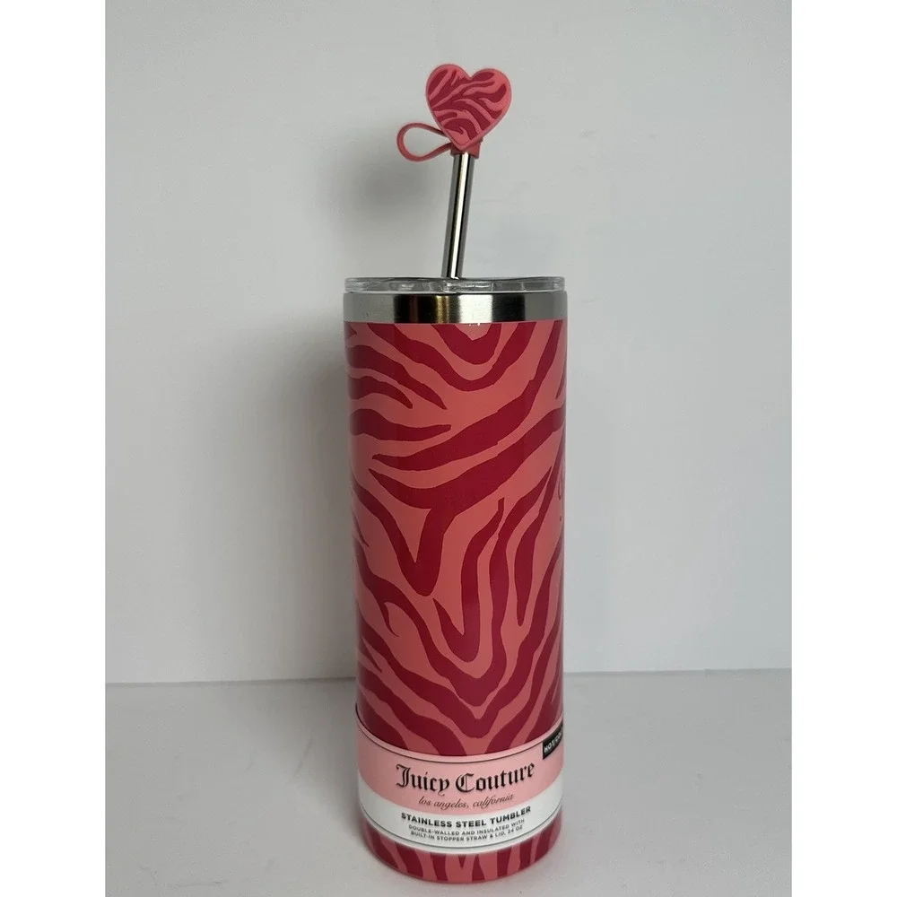 Juicy Couture Pink Zebra Print Stainless Steel Tumbler 24oz Heart Straw Cup